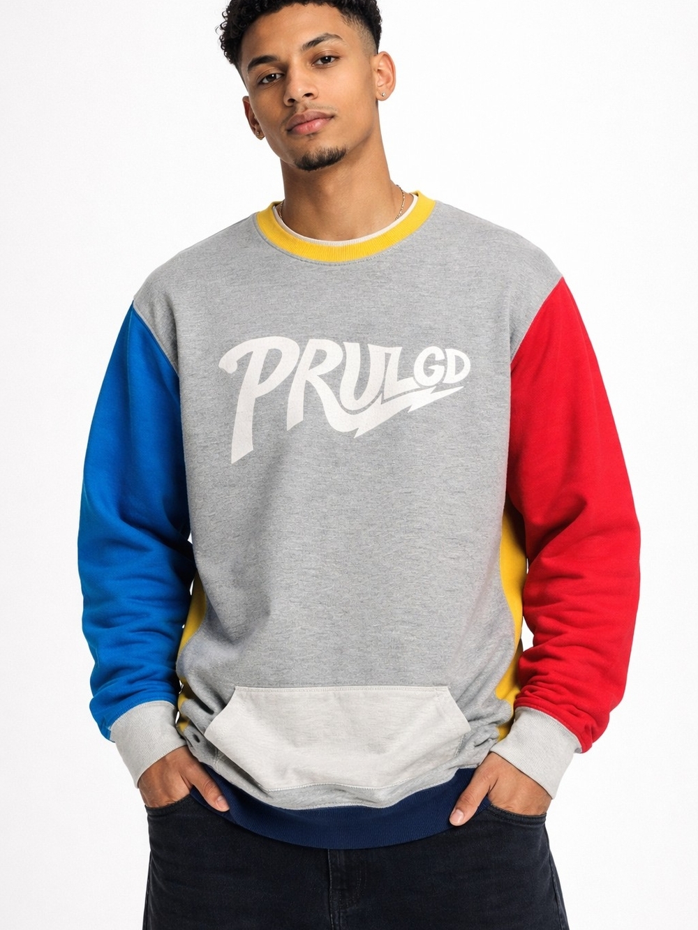 Privileged Colorblock Crewneck Sweater in Gray, Blue, Red, Yellow
